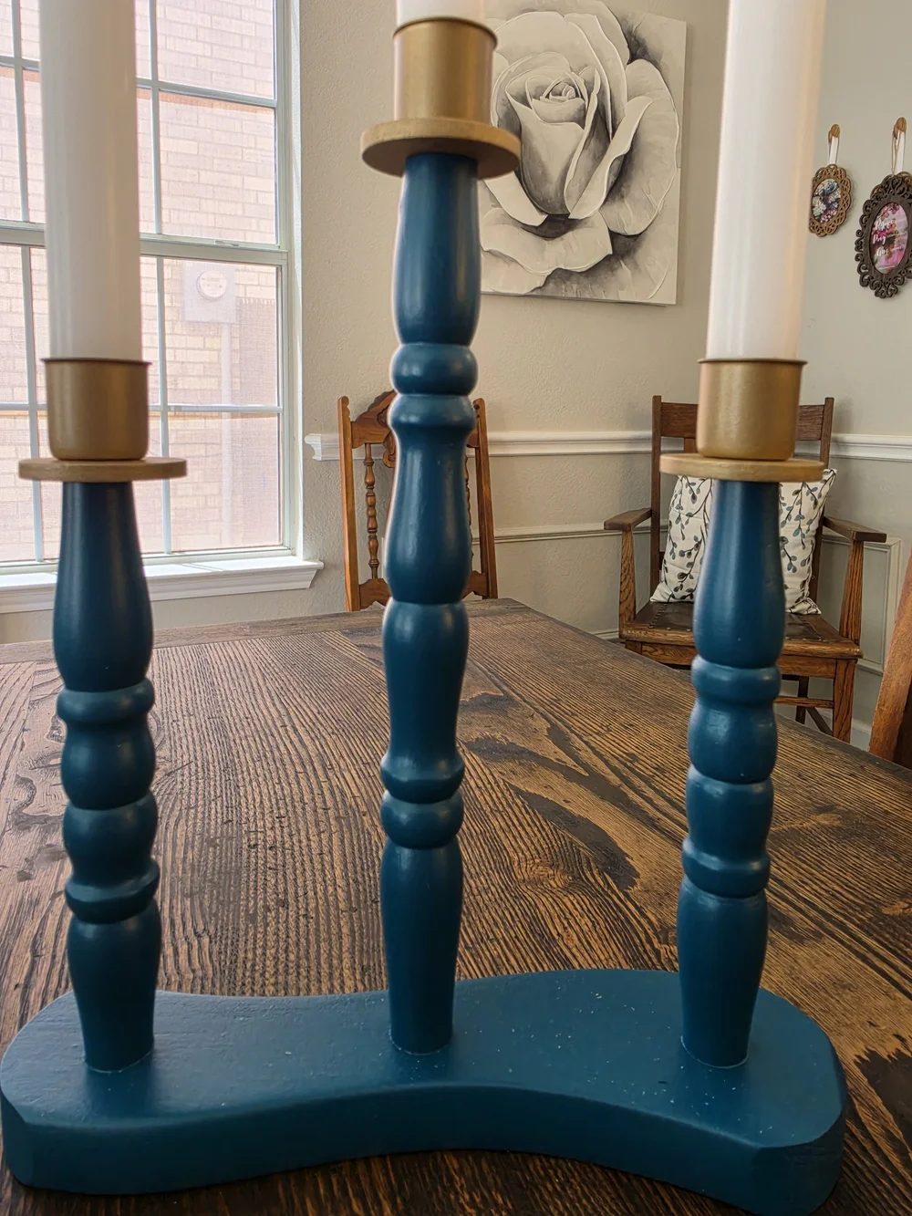 Deep Teal Blue Wood 3-Arm Taper Candle Candelabra Centerpiece Gold Metal Cups